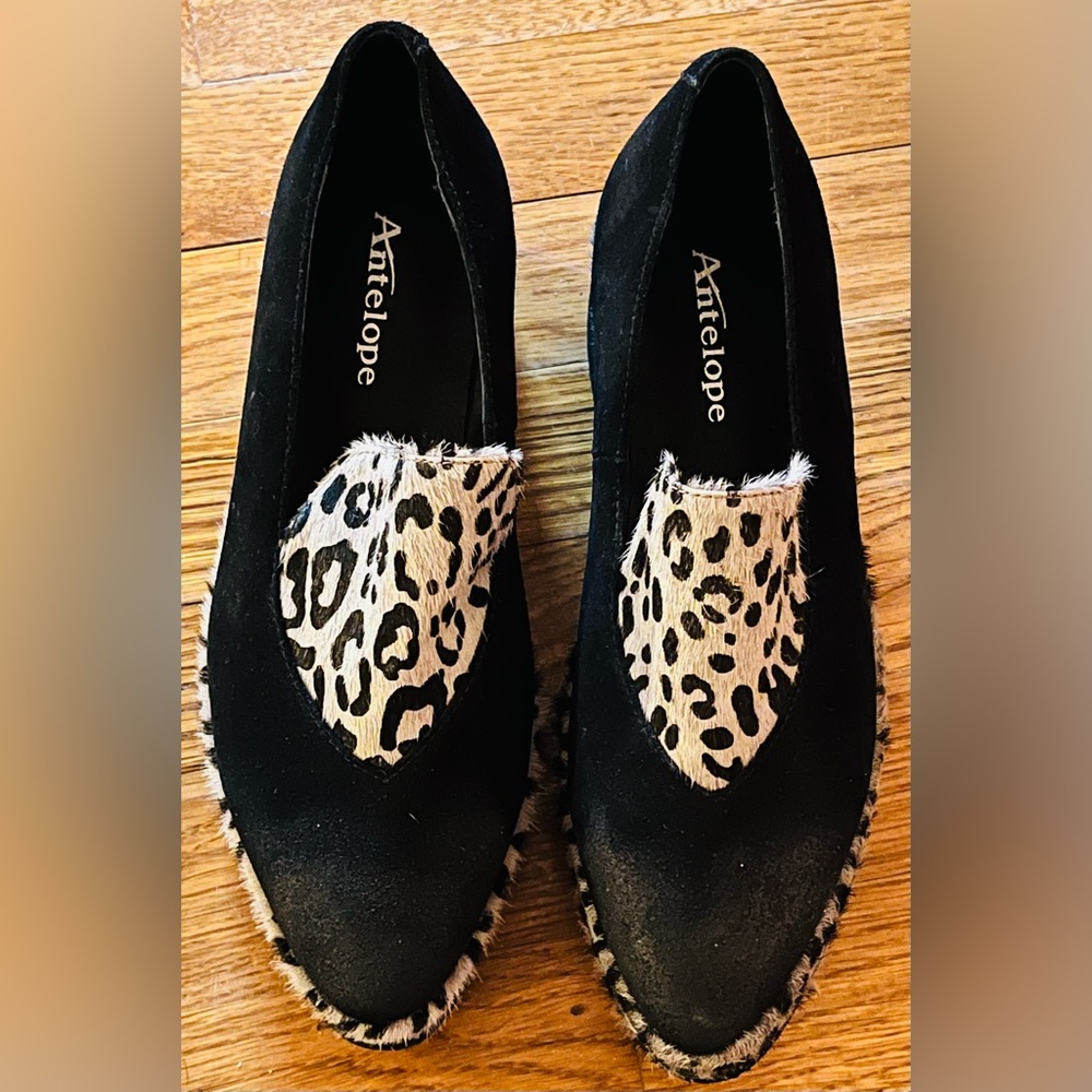 Antelope 385 Black Suede/Animal Print Leather Platform Loafers Sz 37/US 6.5-7